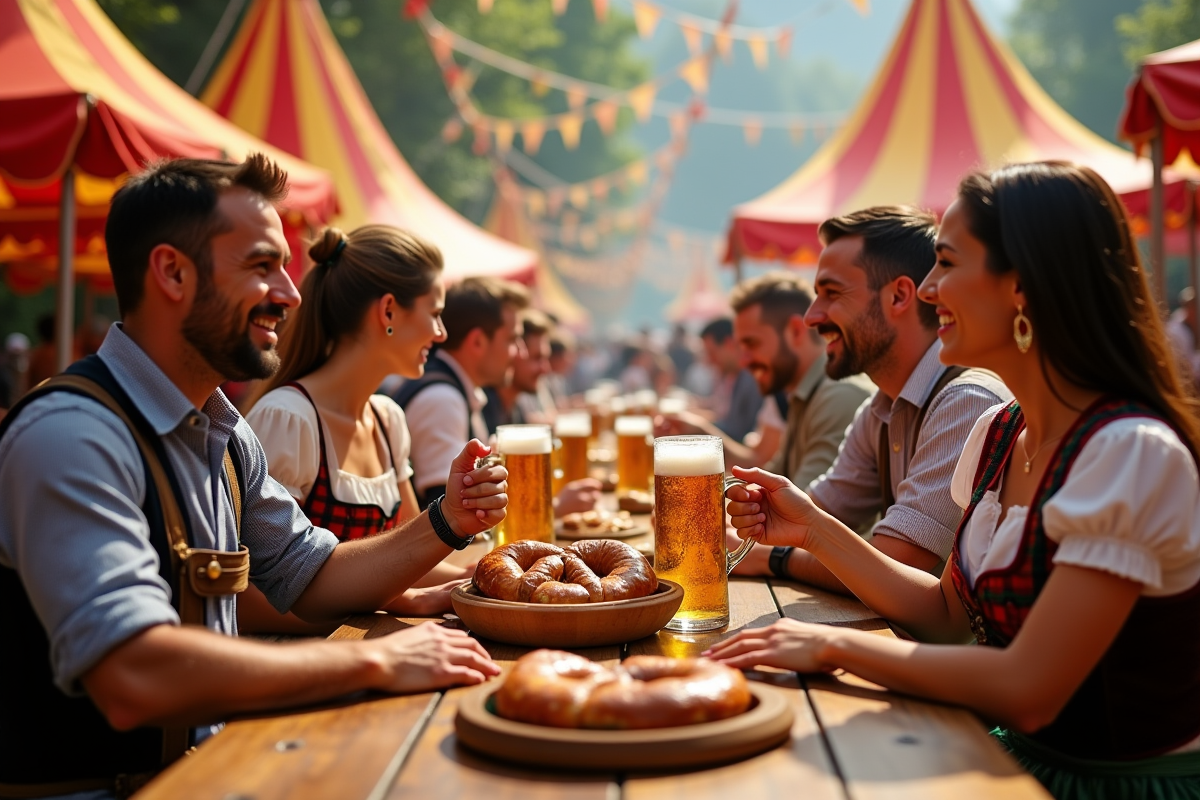 Scène festive d'Oktoberfest à Munich avec des gens en costume bavarois