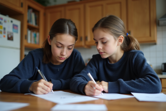 Jeune fille de 13 ans réfléchissant à une note en famille