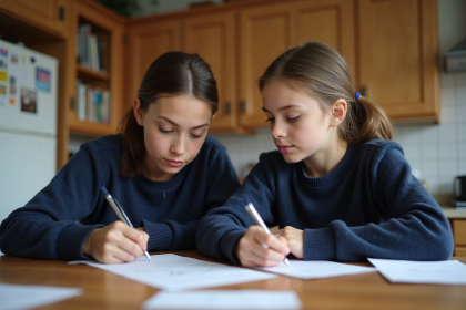 Jeune fille de 13 ans réfléchissant à une note en famille