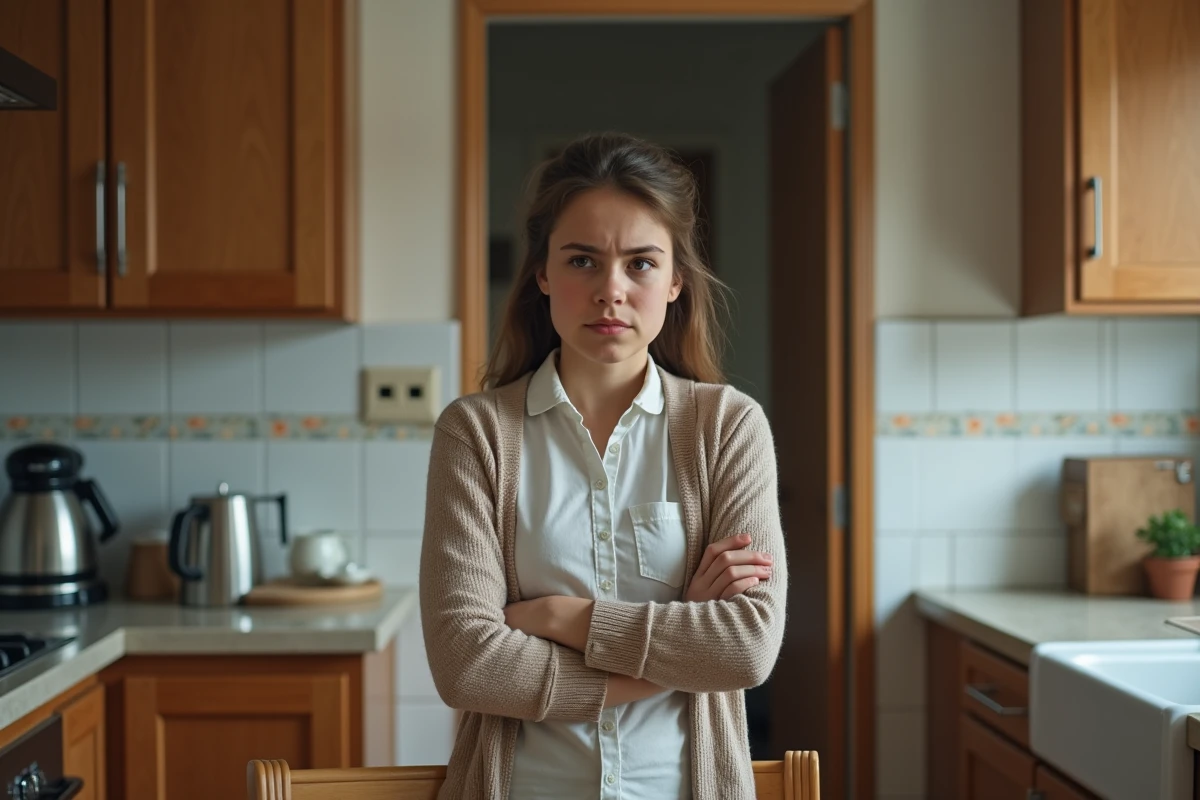 Jeune fille en cuisine exprimant frustration et vulnérabilite