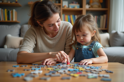 Fille de 5 ans en robe en denim avec maman jouant au puzzle