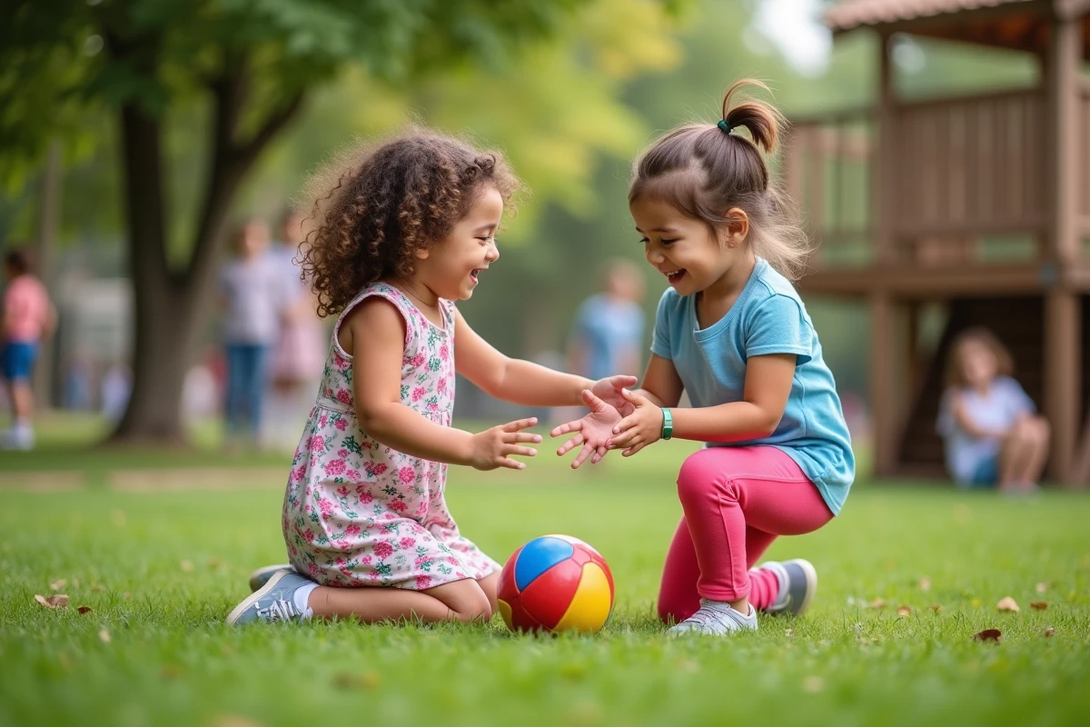 Deux filles de 4 ans jouant avec un ballon dans un parc en plein air