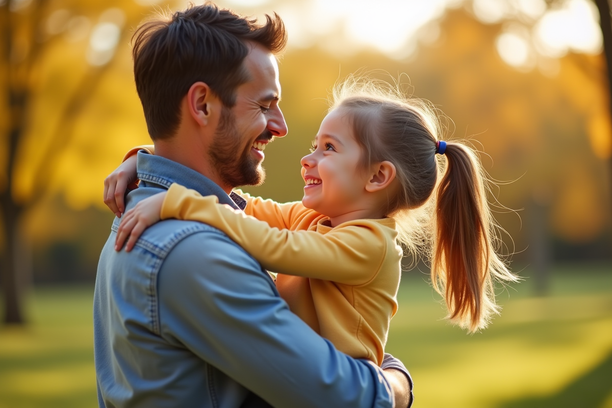 Fille heureuse et son père dans un parc ensoleille