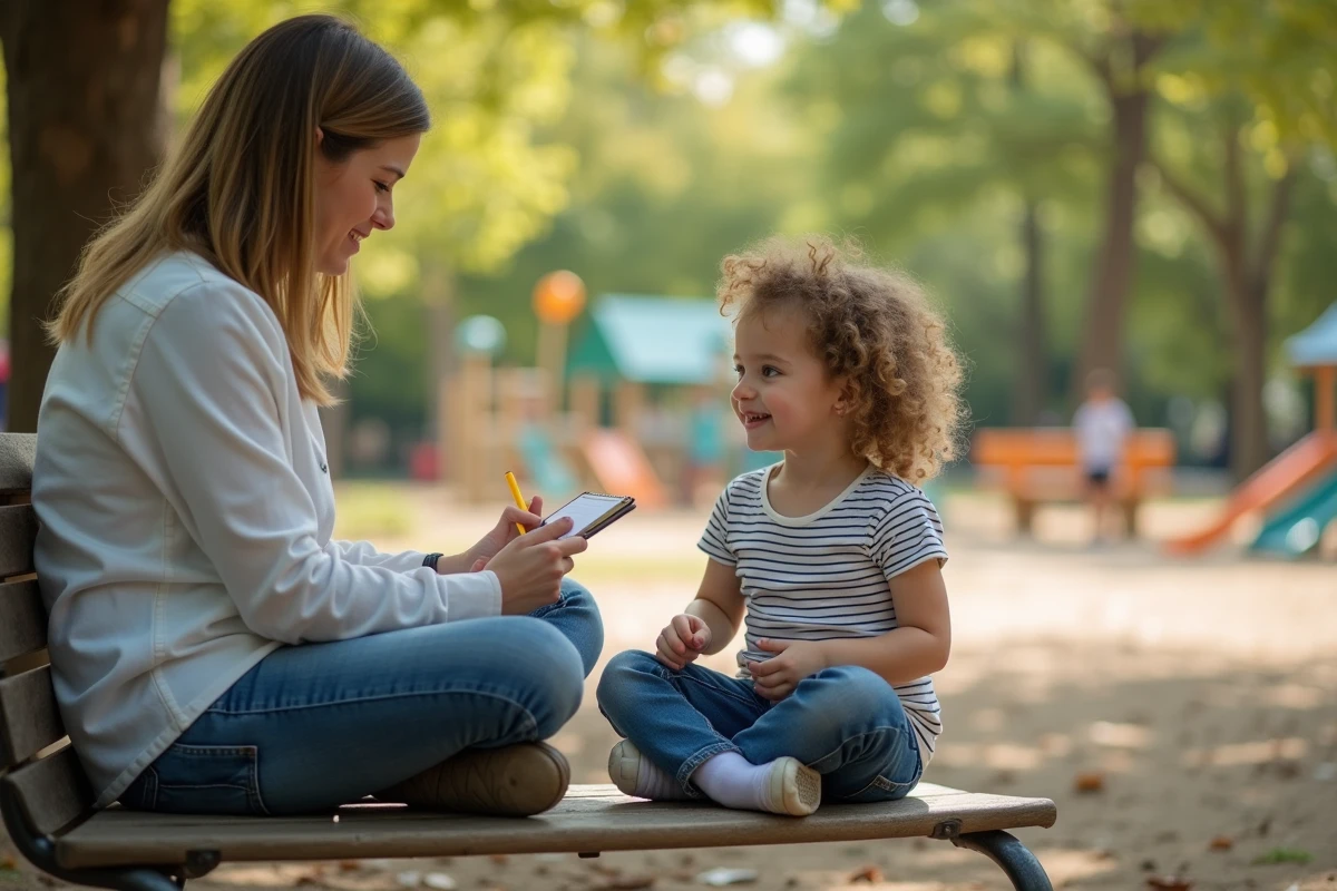 Jeune fille assise sur un banc de parc avec sa mère