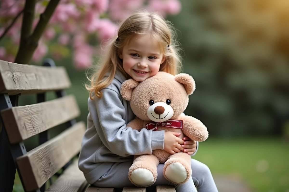 Fille de 8 ans souriante avec ourson dans le jardin