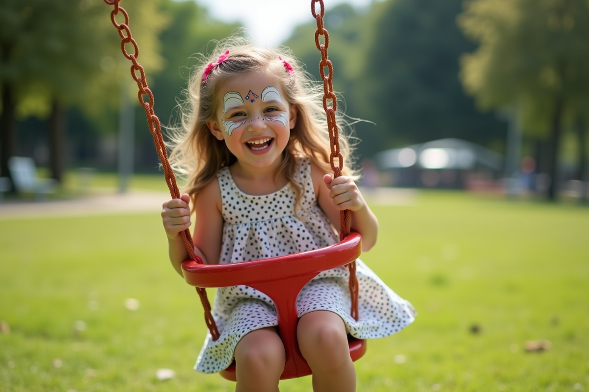 Jeune fille souriante sur une balançoire dans un parc