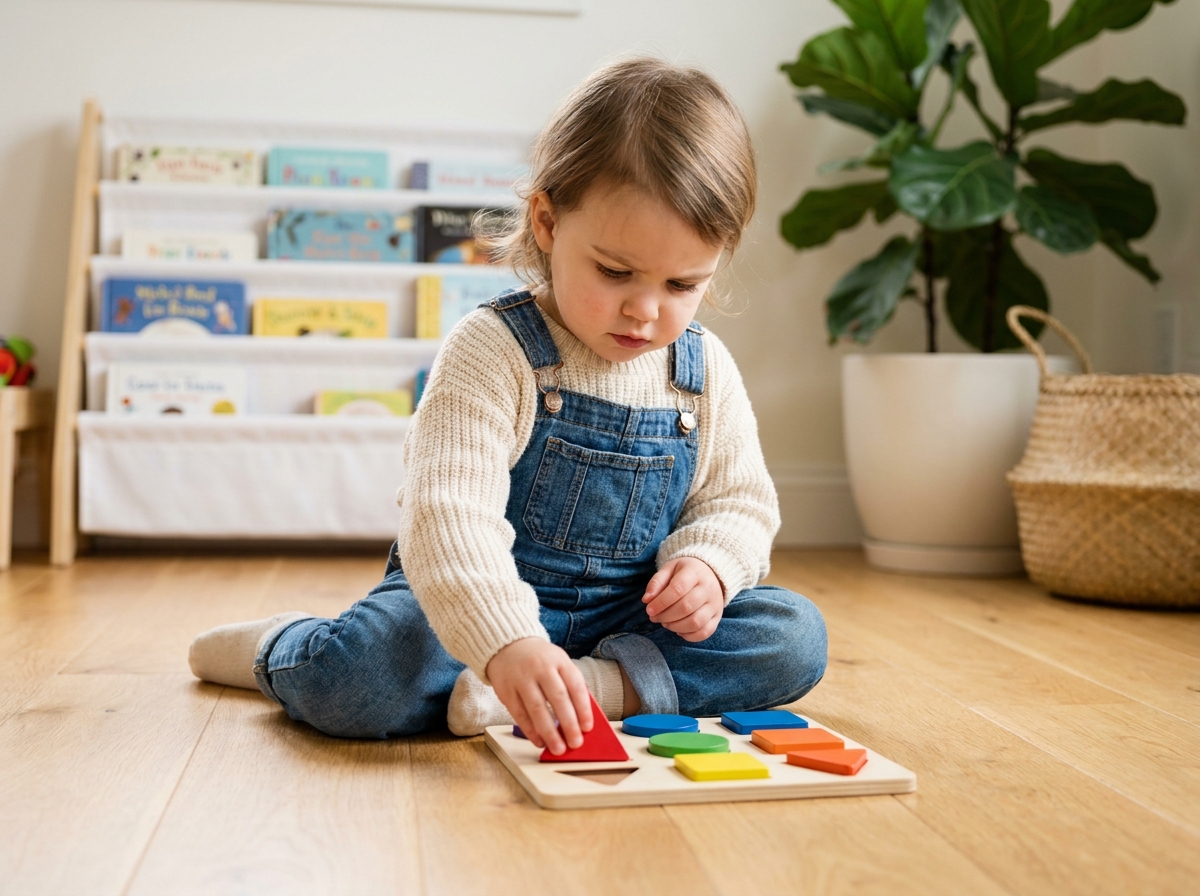 Petite fille concentrée jouant avec un puzzle en bois coloré sur le parquet d'une salle de jeux chaleureuse