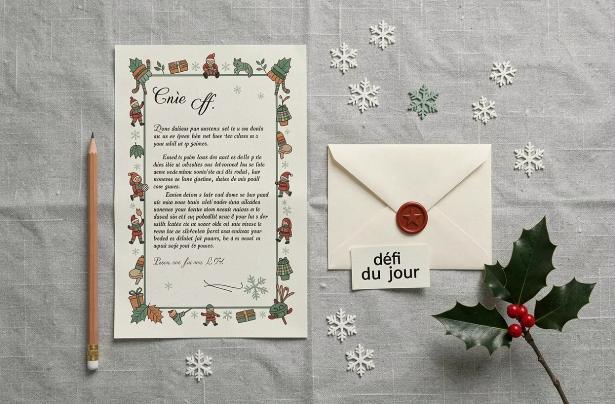 Vue aérienne d'une lettre de lutin imprimée avec enveloppe cachetée et accessoires festifs sur lin gris