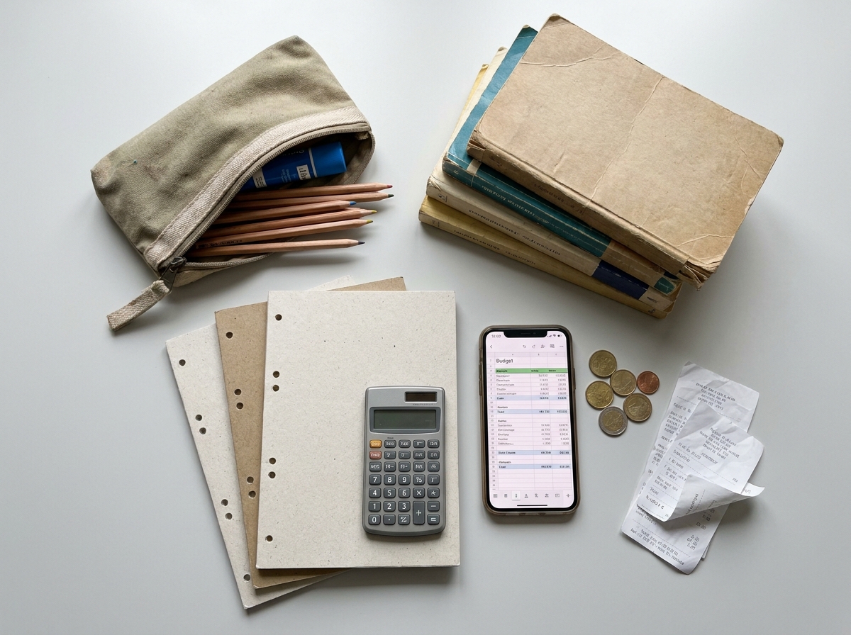 Vue de dessus d'une organisation de fournitures scolaires économiques avec un budget planifié sur smartphone pour la rentrée des enfants