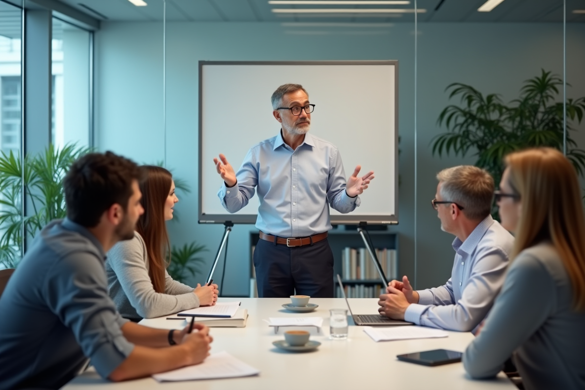 Instructeur adulte en réunion avec collègues dans salle moderne