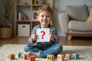 Garçon de 5 ans curieux avec blocs alphabet dans un salon