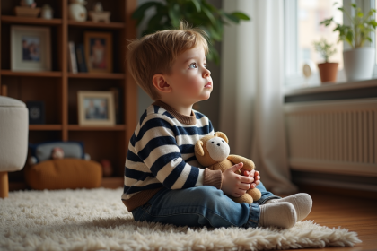 Jeune garçon assis sur un tapis dans un salon chaleureux