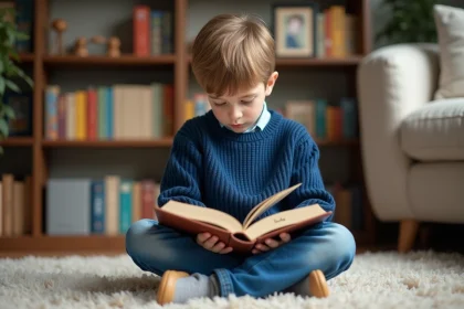 Jeune garçon lisant un livre d'histoire dans un salon chaleureux