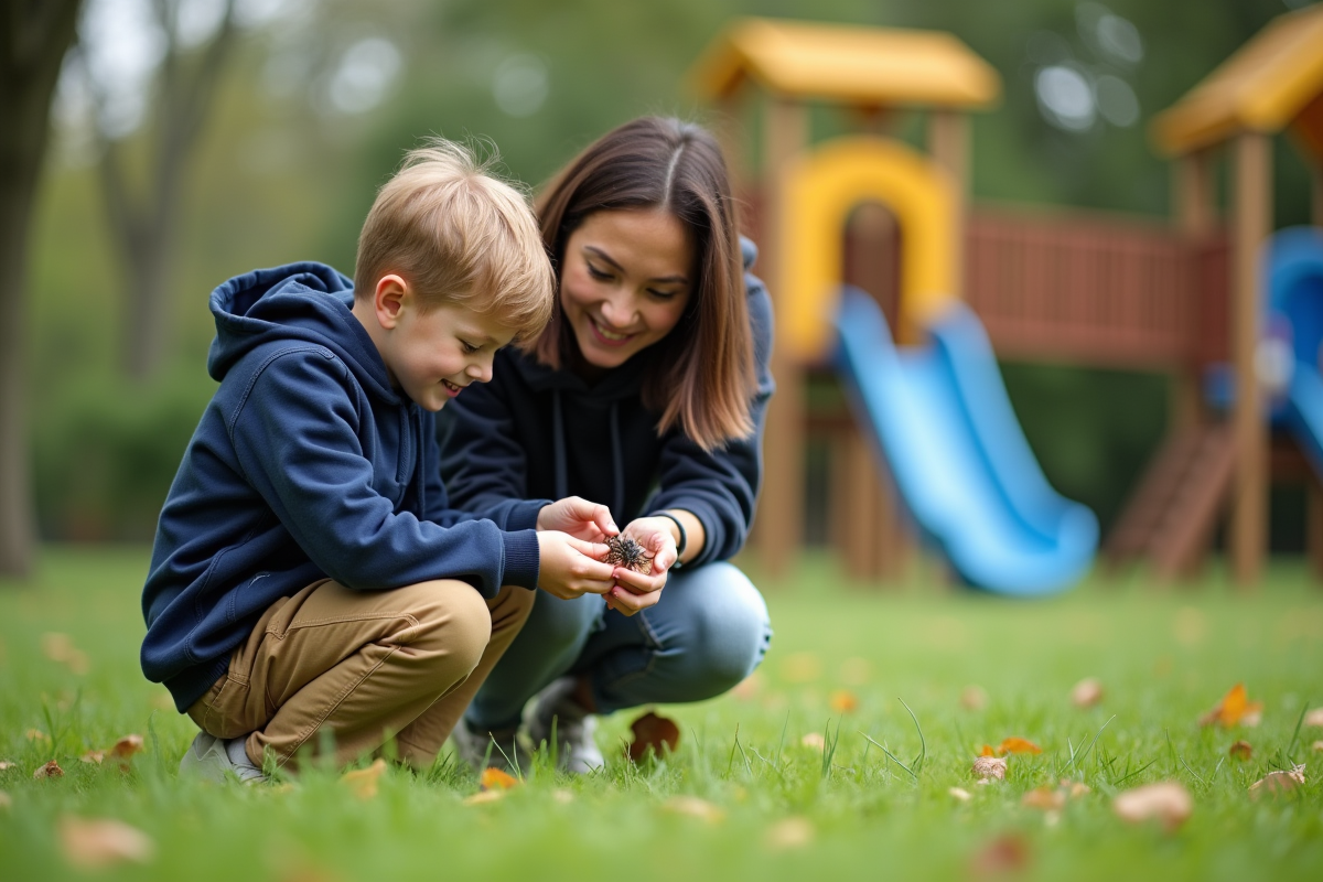 Garçon de 8 ans avec son enseignant observant un insecte