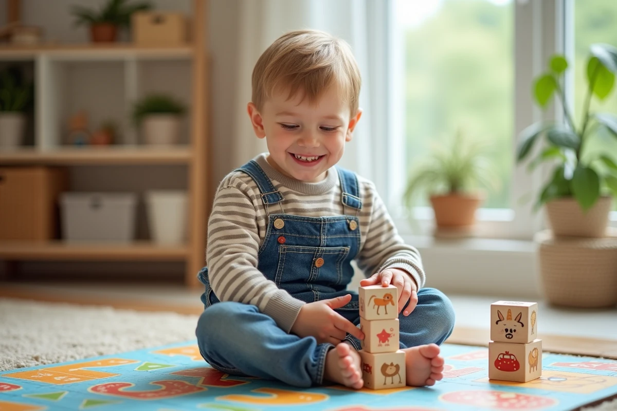Garçon de 4 ans souriant jouant avec des blocs en bois dans la salle de jeux