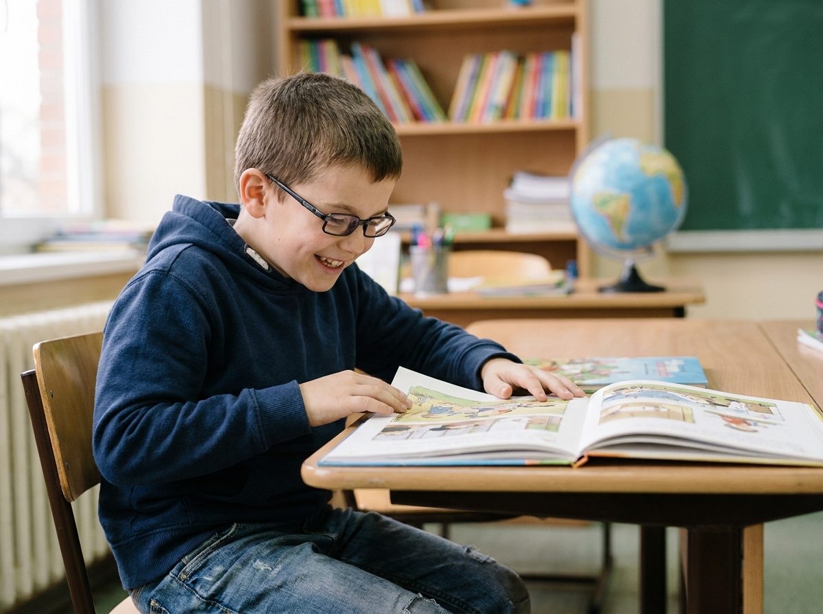 Garçon de 7 ans souriant portant ses lunettes rectangulaires en lisant un livre illustré à son bureau à l'école