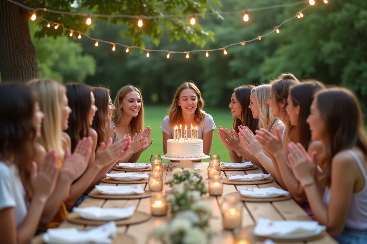 Jeune de 18 ans soufflant les bougies de son gâteau d'anniversaire lors d'une fête en plein air dans le jardin
