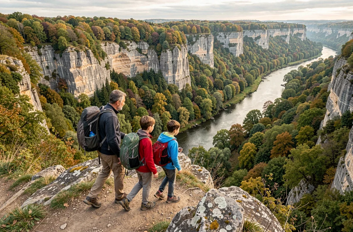 Famille en randonnée sur le sentier des Gorges de la Loire à Chambles, avec vue panoramique sur la rivière