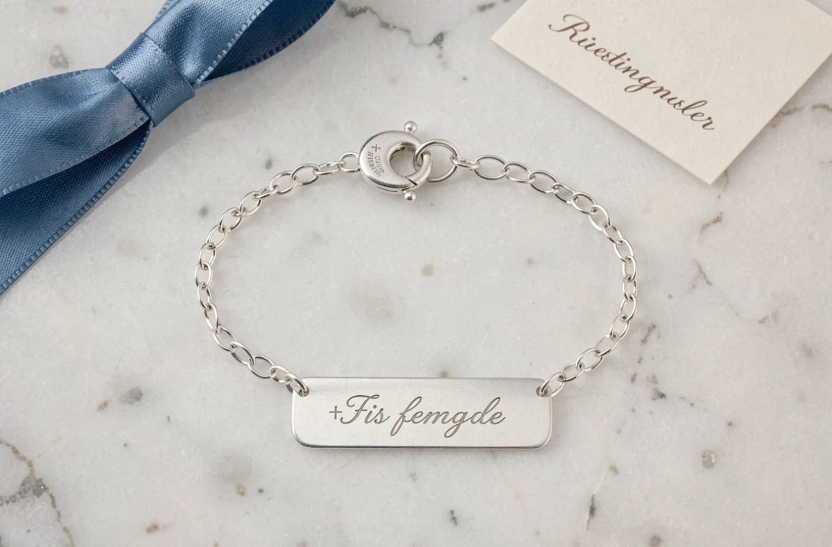 Gourmette en argent pour baptême posée sur marbre blanc avec ruban bleu et certificat, vue de dessus