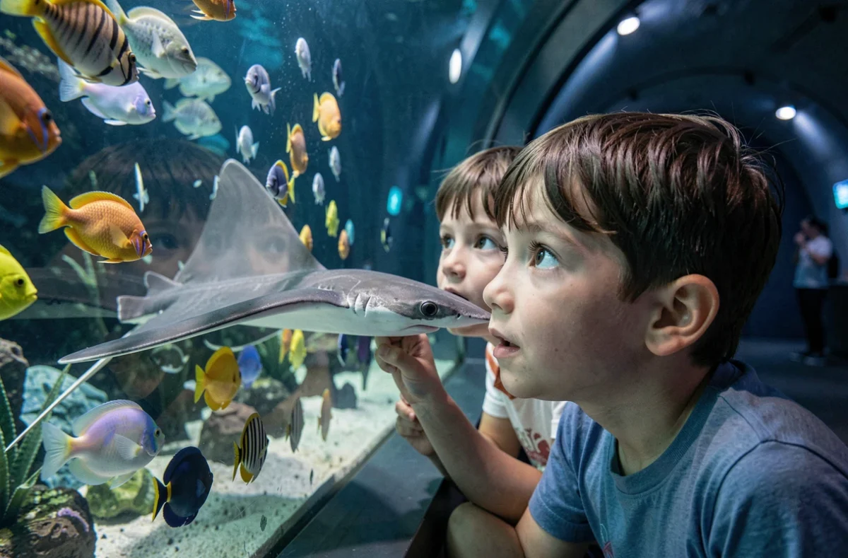 Deux enfants émerveillés devant les poissons tropicaux au Grand Aquarium de Saint-Malo