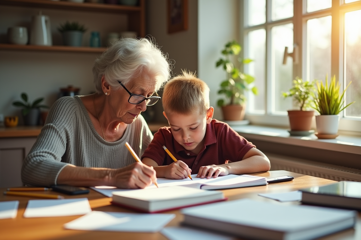 Grand-mère aidant son petit-fils avec ses devoirs à la cuisine
