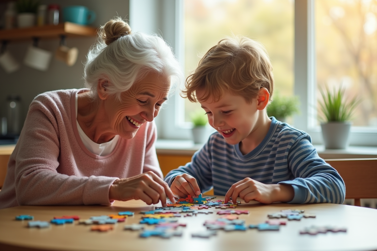 Une grand-mère et un enfant assemblent un puzzle coloré dans la cuisine ensoleillée