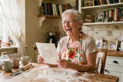Grand-mère riante tenant un poème humoristique fait maison dans une cuisine rustique et chaleureuse lors de la fête des grands-mères