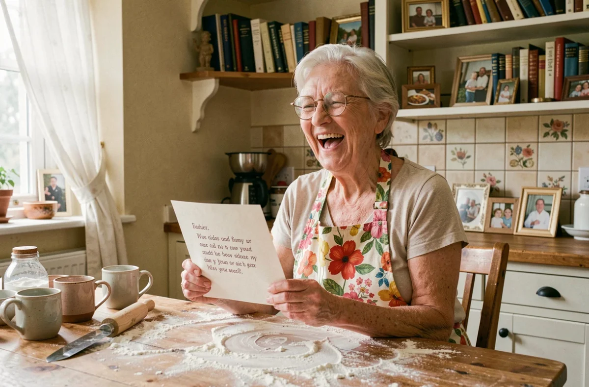 Grand-mère riante tenant un poème humoristique fait maison dans une cuisine rustique et chaleureuse lors de la fête des grands-mères