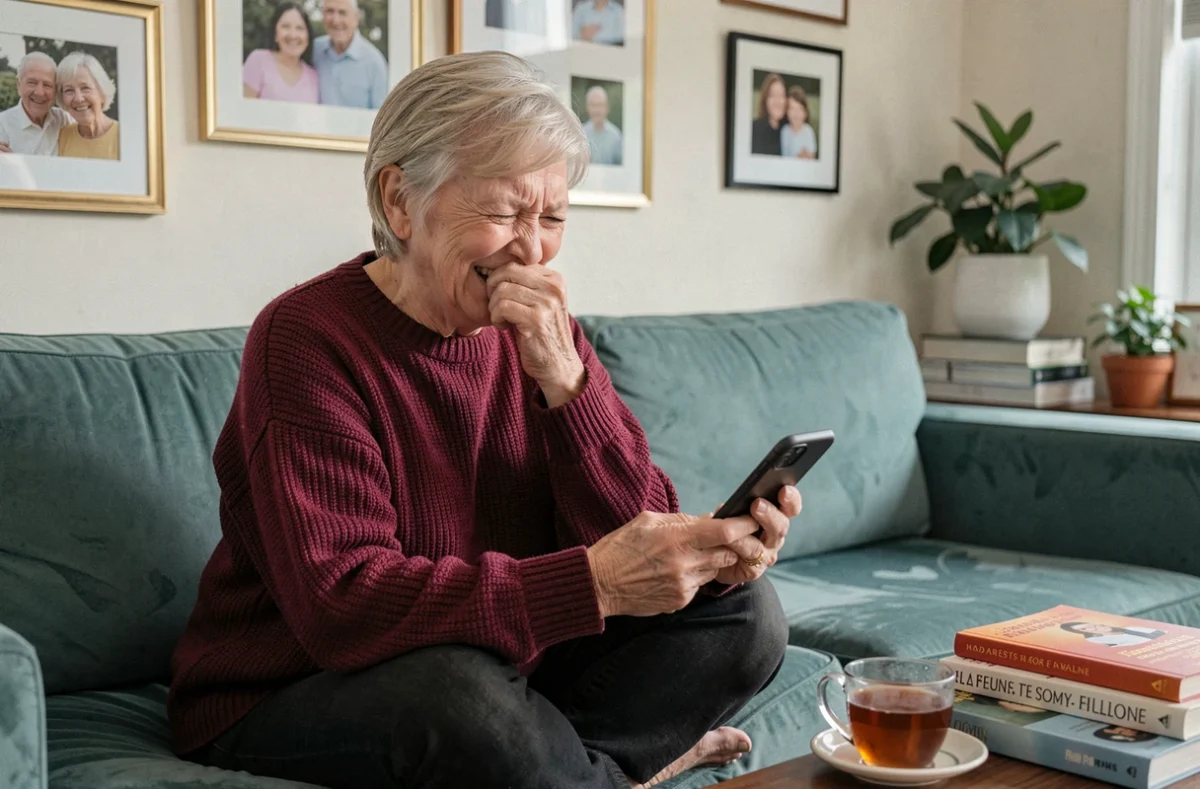 Grand-mère amusée lisant un poème humoristique sur son téléphone dans un salon cosy pour la fête des grands-mères