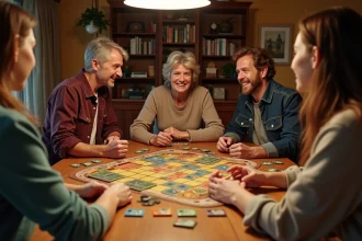 Groupe d'adultes jouant à Bonne Paye autour d'une table avec cartes et billets de jeu disposés stratégiquement