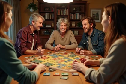 Groupe d'adultes jouant à Bonne Paye autour d'une table avec cartes et billets de jeu disposés stratégiquement