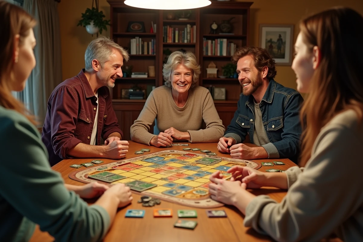 Groupe d'adultes jouant à Bonne Paye autour d'une table avec cartes et billets de jeu disposés stratégiquement