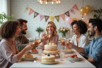 Groupe d'amis souriants lors d'un anniversaire en intérieur