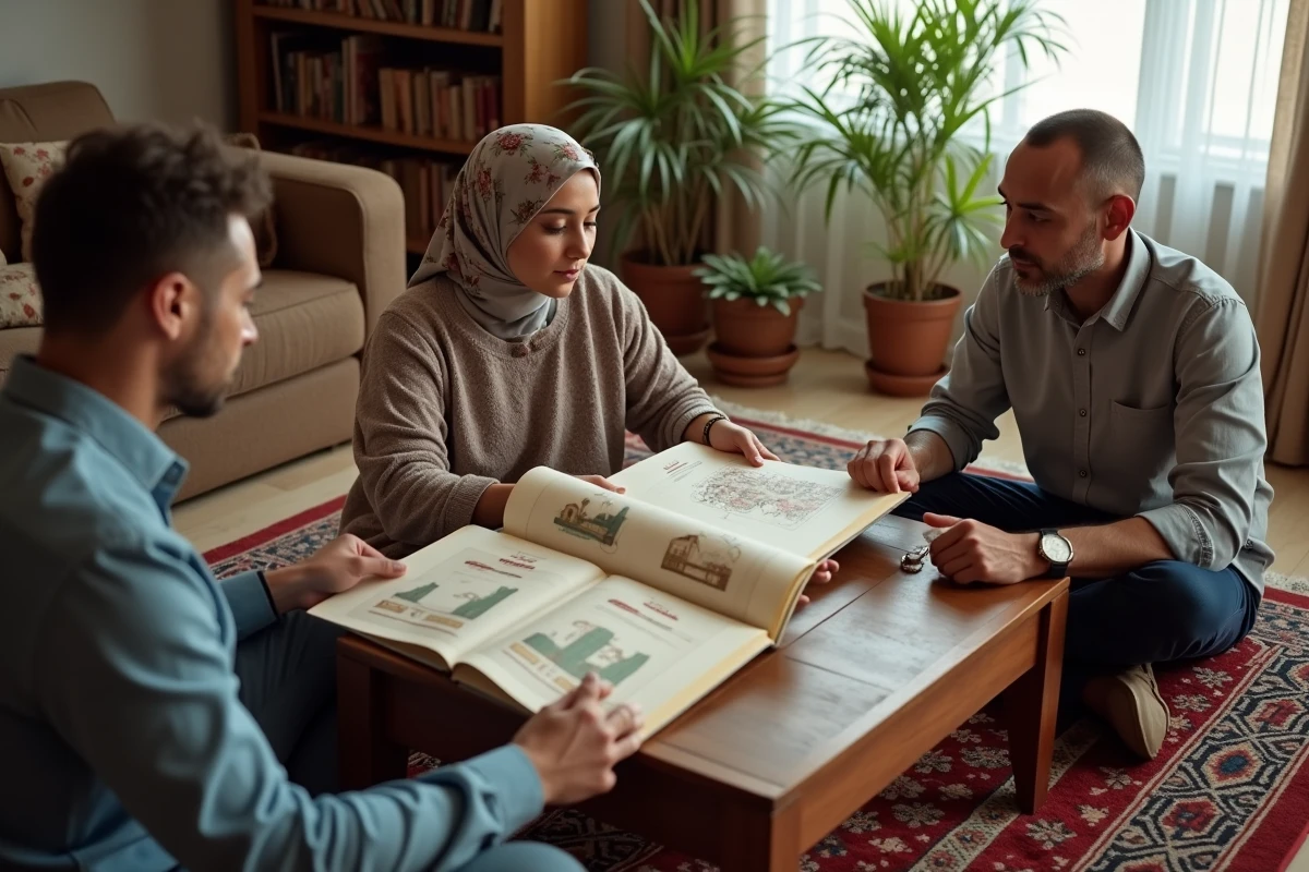 Groupe de personnes lisant un livre illustré sur l'histoire de la famille du Prophète Mohammed dans un salon islamiquement décoré