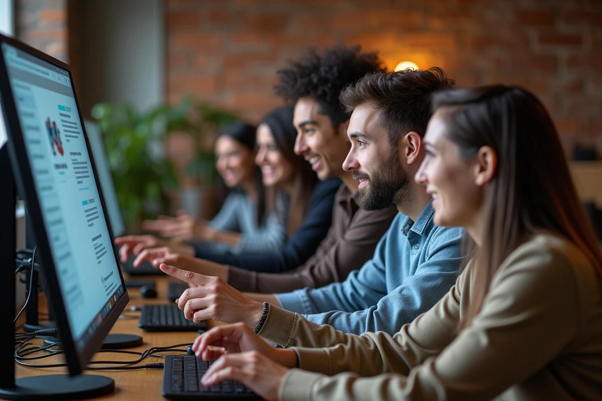 Groupe de personnes curieuses réunies autour d'un écran dans un espace de coworking moderne, illustrant la recherche en ligne sur l'origine d'une personnalité