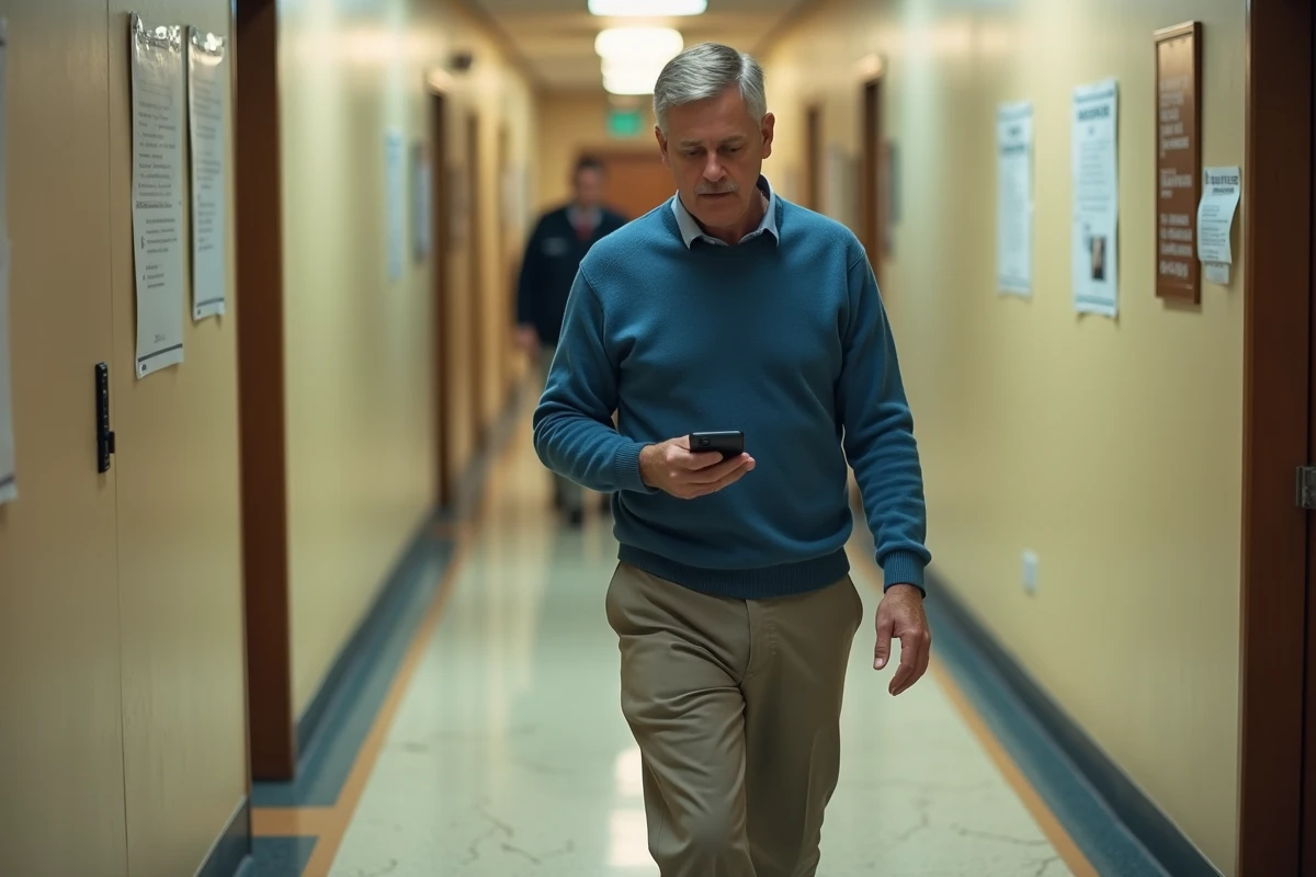 Homme nerveux dans un couloir de tribunal en attente