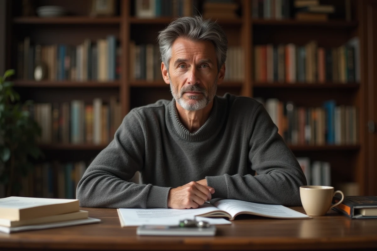 Homme pensif en pull en laine assis à un bureau en bois entouré de livres et de partitions musicales, atmosphère de quotidien discret et cultivé