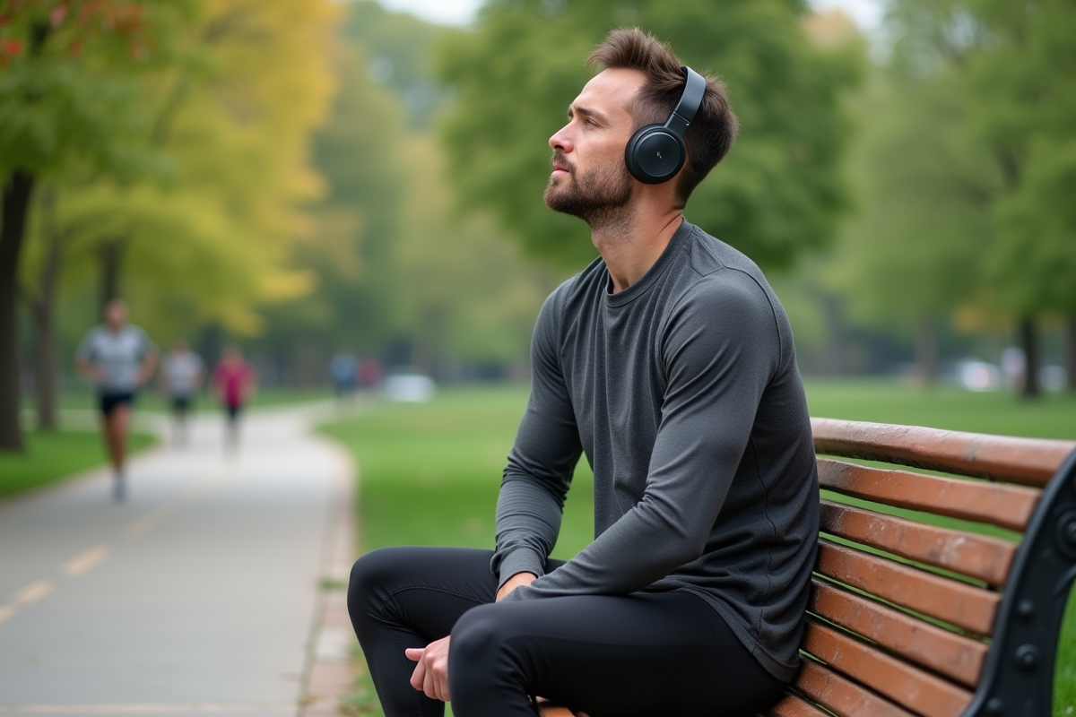 Homme en tenue de sport se reposant sur un banc dans un parc