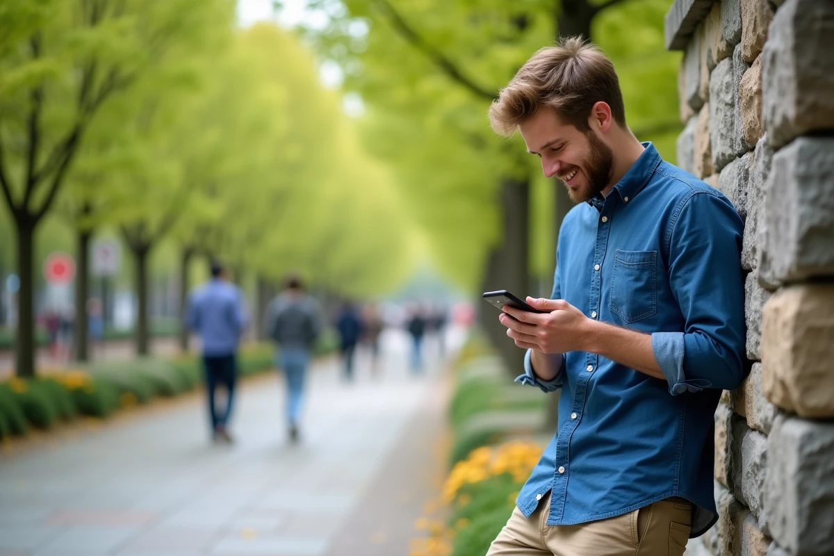 Homme en plein air rédigeant un message d anniversaire dans un parc urbain