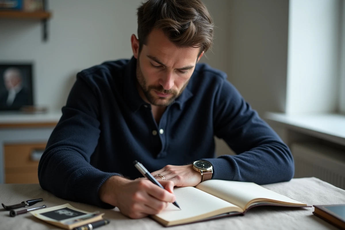 Homme écrivant dans un journal intime pour se souvenir de son père décédé lors d'une date anniversaire