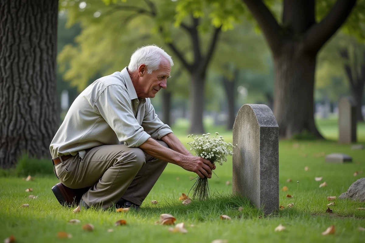 Homme âgé déposant des fleurs blanches sur une tombe dans un cimetière de campagne en automne, moment de recueillement et de deuil