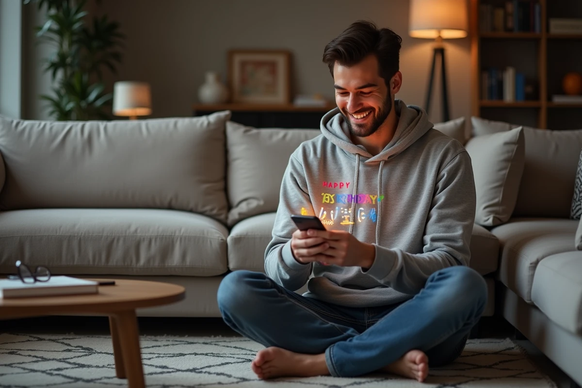 Jeune homme souriant en lisant un message d'anniversaire animé sur son smartphone dans un salon