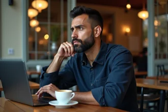 Homme aux origines métissées assis dans un café parisien devant un ordinateur portable, regard pensif et atmosphère introspective