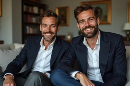 Homme parisien &eacute;l&eacute;gant en blazer bleu dans un salon cosy