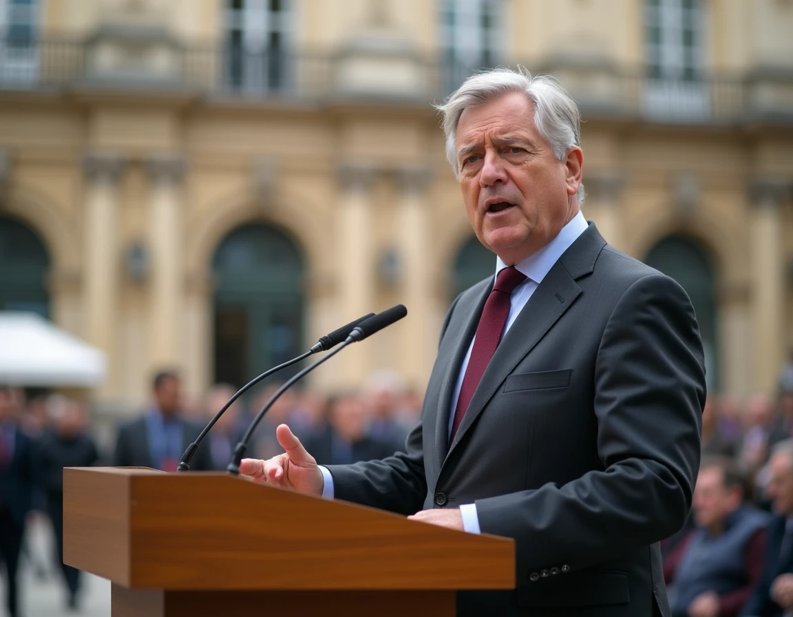 Homme politique français en costume sombre prenant la parole à un pupitre lors d'un discours en plein air