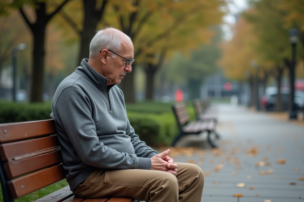 Homme assis sur un banc de parc en pleine réflexion
