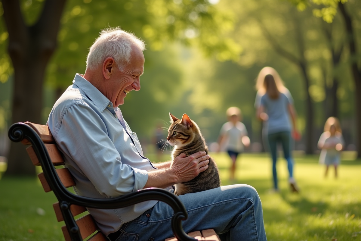 Homme âgé souriant caressant un chat dans un parc ensoleille
