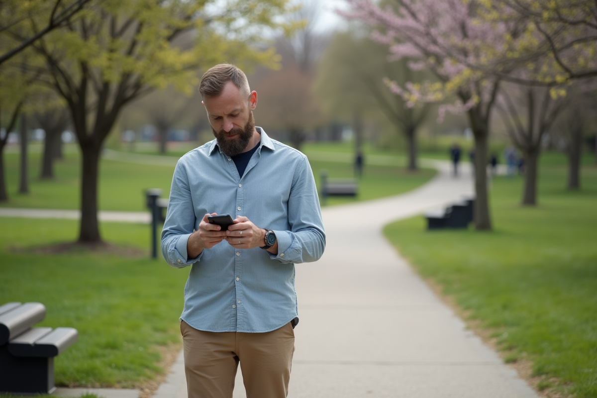 Homme vérifiant son calendrier dans un parc au printemps