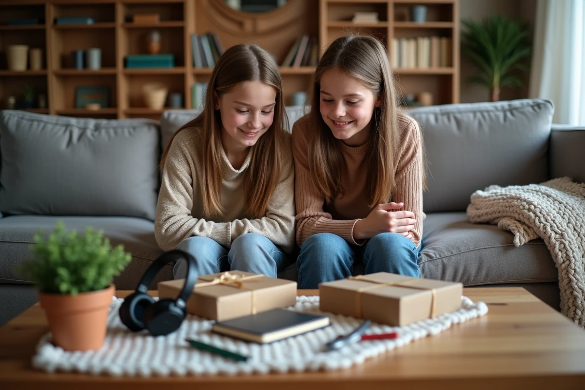 Deux adolescents introvertis explorant des idées cadeaux posées sur une table basse dans un salon chaleureux