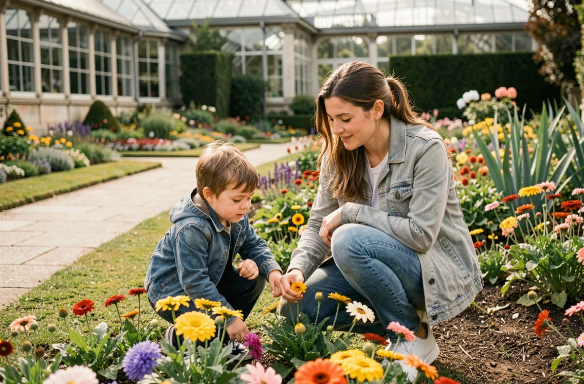 Mère et enfant découvrant les parterres fleuris du Jardin des Plantes de Saint-Étienne